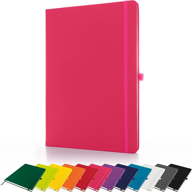 Premium A4 Notebook New Lined Hardback Journal with Pen Loop,196 Page, Elastic Closure and Ribbon Marker Notepad Note Book Notes Pad (Pink)
