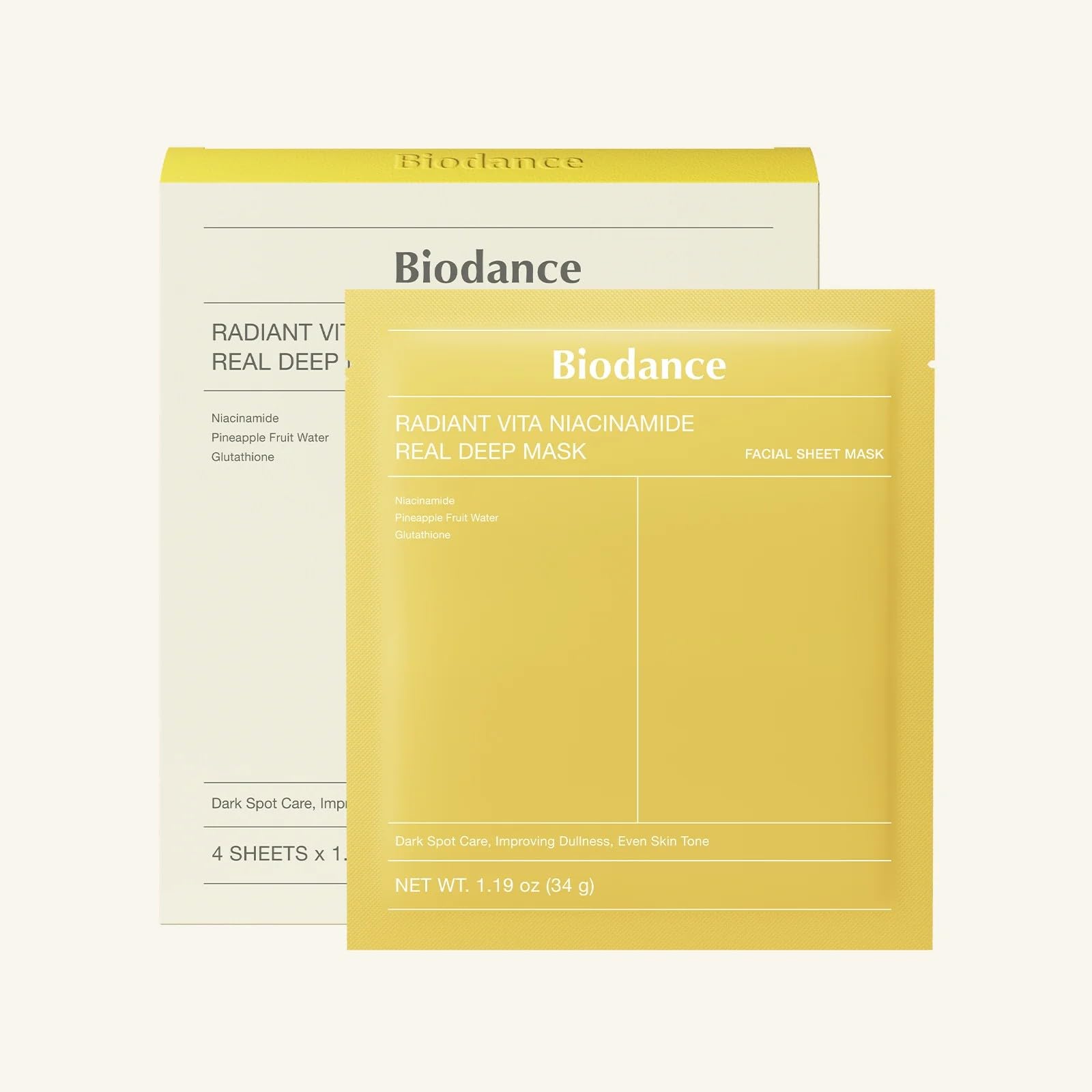 Biodance Radiant Vita Niacinamide Real Deep Mask, Overnight Hydrogel Mask, Tone Correction, Texture Refining, Radiant Glow, 3-in-1 Visible Care, Korean Skincare, 1.19oz (34g) x 4ea