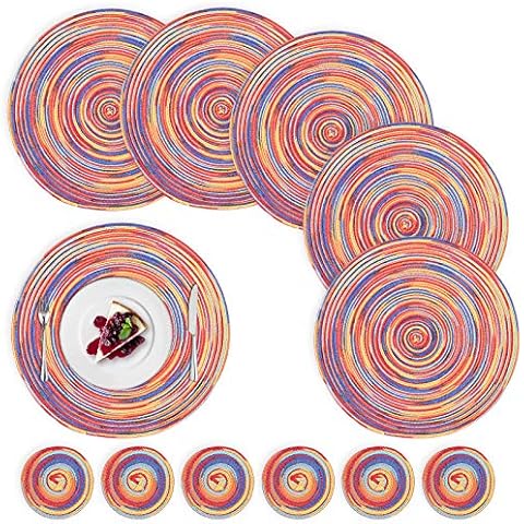 6Packs Round Placemats Cotton Heat Resistant Braided Placemats Anti-slip and Washable Table Placemats and Coaster Sets Outdoor Indoor Dinner Table,(6Placemats+6Coasters,Rainbow Red) Cover
