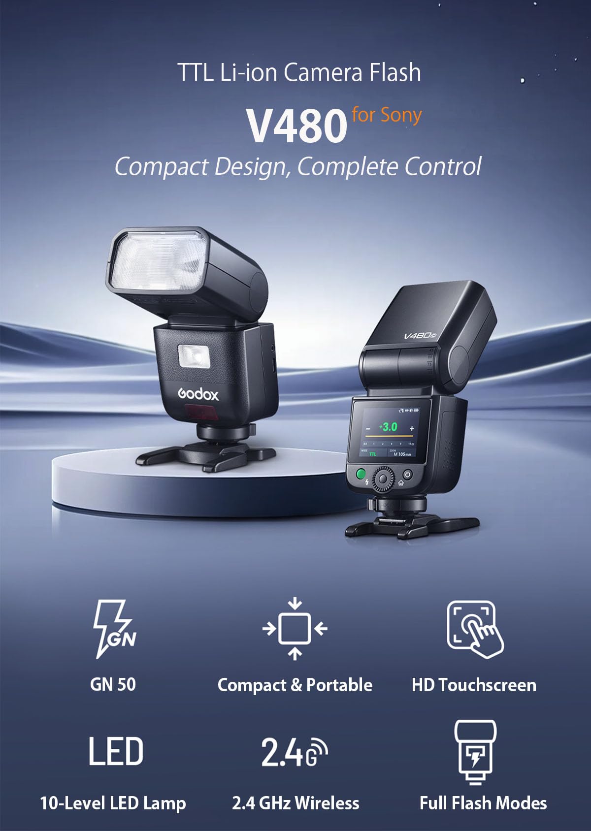 GODOX Blitz V480 S Kamera Flash, V480S Touchscreen Blitzgeräte, TTL HSS 1/8000s Speedlite, Kompatibel mit Sony Alpha A9 III a7III a7CII a7IV a7C a7RV a7 a7SIII a6700 a6400 a6600 ZV-E10 II ZV1 a6100