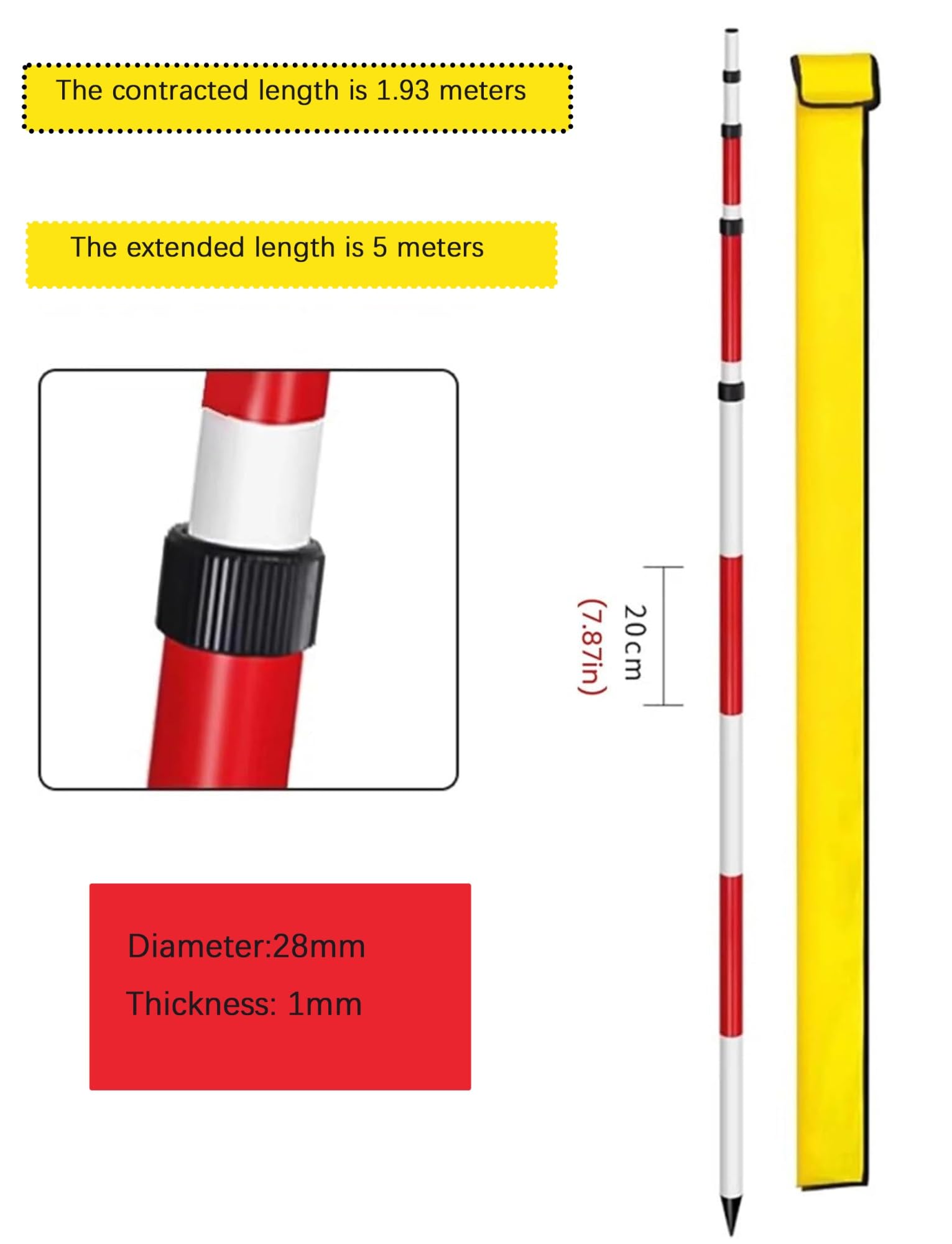 Pértiga de topografía, pértiga telescópica de Aluminio con Prisma y Bolsa de Almacenamiento - Varilla de topografía Ajustable de 5 Metros para estación Total, Ideal para Profesionales de la