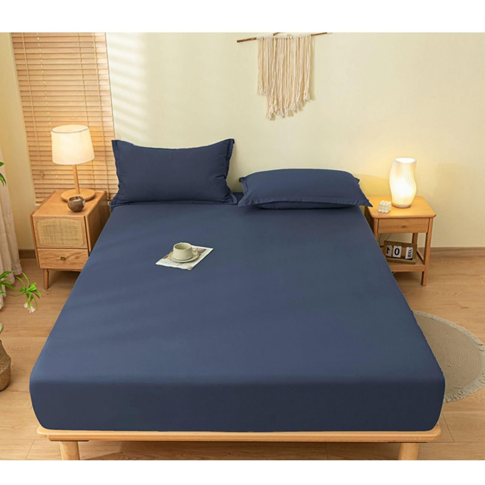 Bajera Cama Matrimonio de Algodón Lavado, Color Sólido, 120 x 200 CM, Sabana Bajera Matrimonio Azul Marino