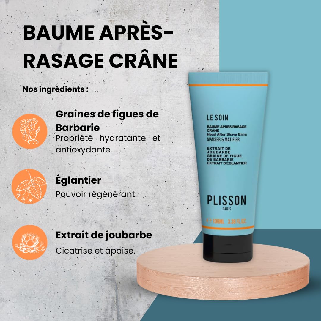 Plisson - Baume Après-Rasage pour le Crâne - Tous Types de Peaux - 95% d’Ingrédients d’Origine Naturelle, Églantier, Joubarbe et Grain de Figue de Barbarie - Fabrication Française - 100 ml