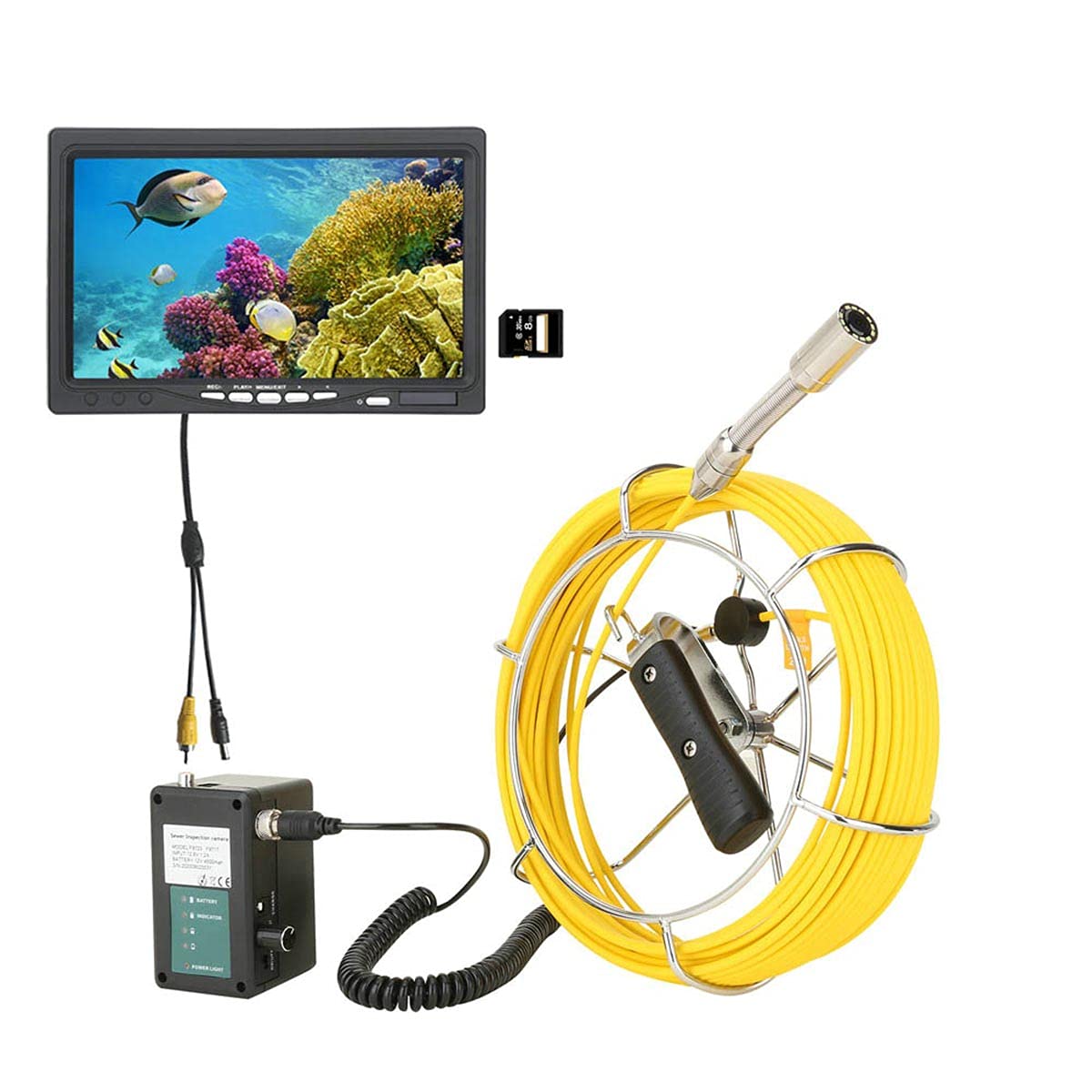 Videocamera per ispezione Tubi con Registrazione DVR da 7", Sistema endoscopico Industriale per condotte fognarie di Scarico IP68 1000TVL con luci a LED da 12 Pezzi