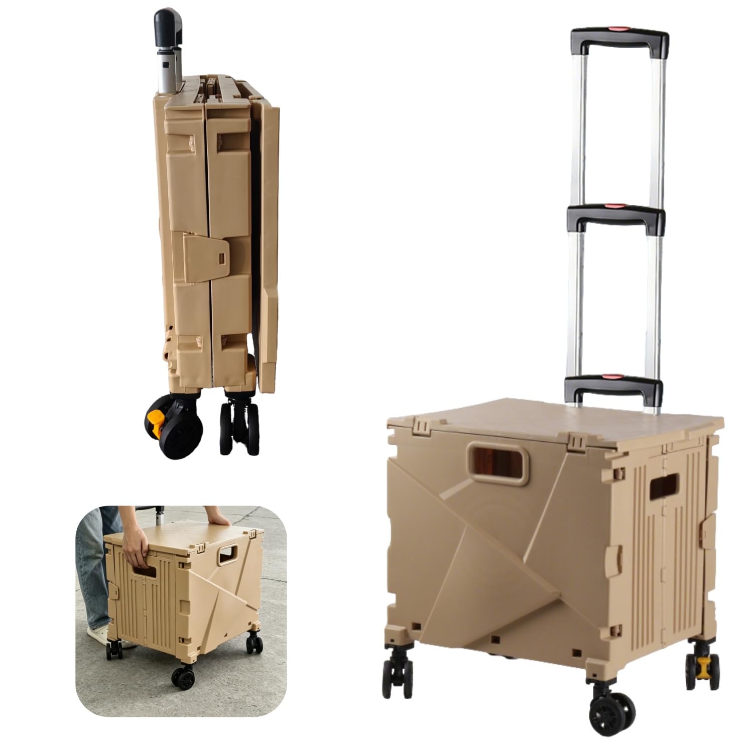 Hooha Carrello per la spesa pieghevole con ruote, carrello multiuso con doppie ruote e blocco del freno, contenitore pieghevole, ruote silenziose, ideale per insegnanti, giardino e attrezzi
