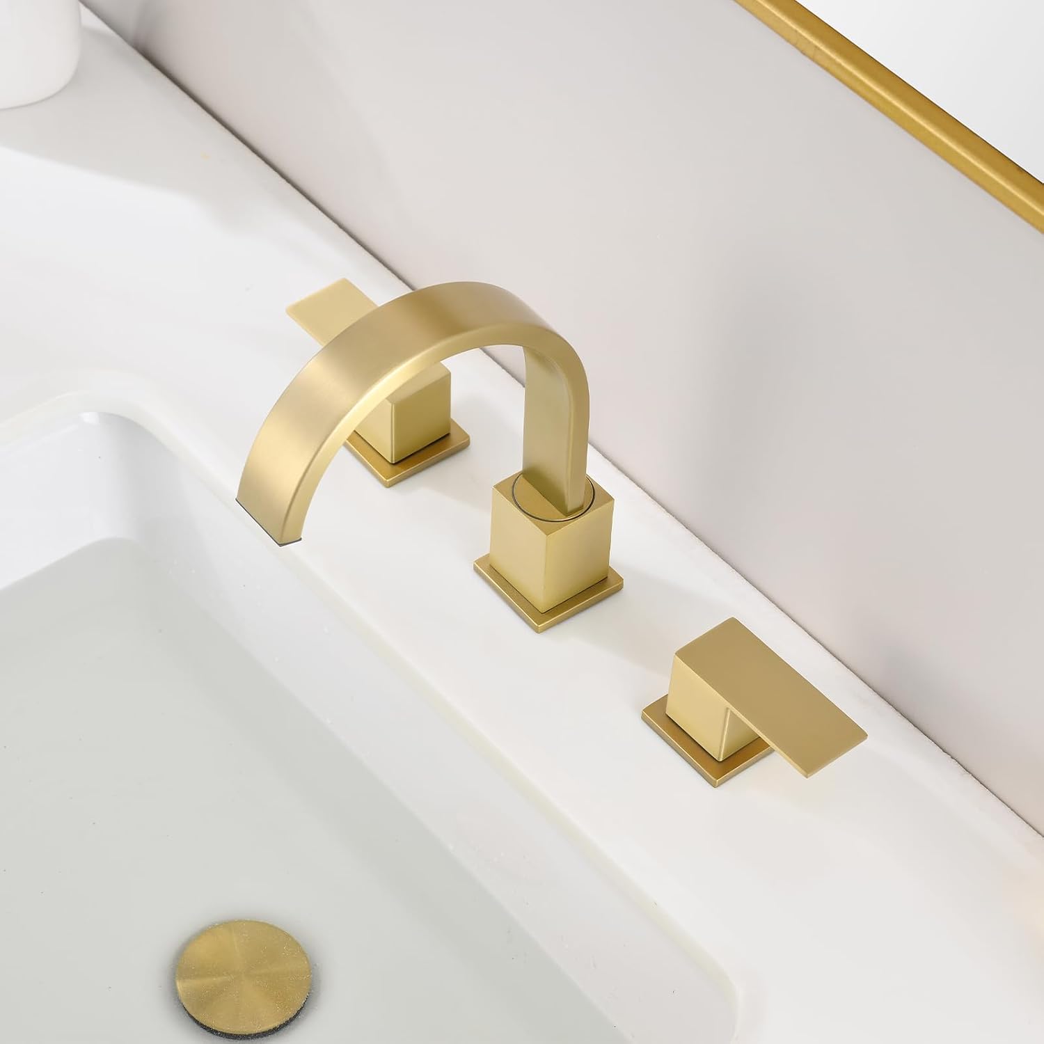 Widespread Brushed Gold Bathroom Faucets, Waterfall Golden Stainless Steel Bathroom Faucet for Sink 3 Hole, Vanity Lavatory Faucets with Drain & Water Hoses, 8 Inch, Lead-Free, 360° Swivel
