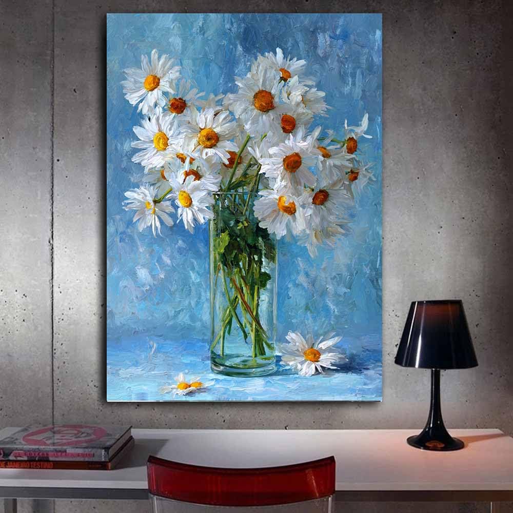 WUFIEA Semplice arte botanica Stampe su Canvas margherita per Camera da Letto Agriturismo Soggiorno Bagno(Rosso bianco)-60x90cm Incorniciato