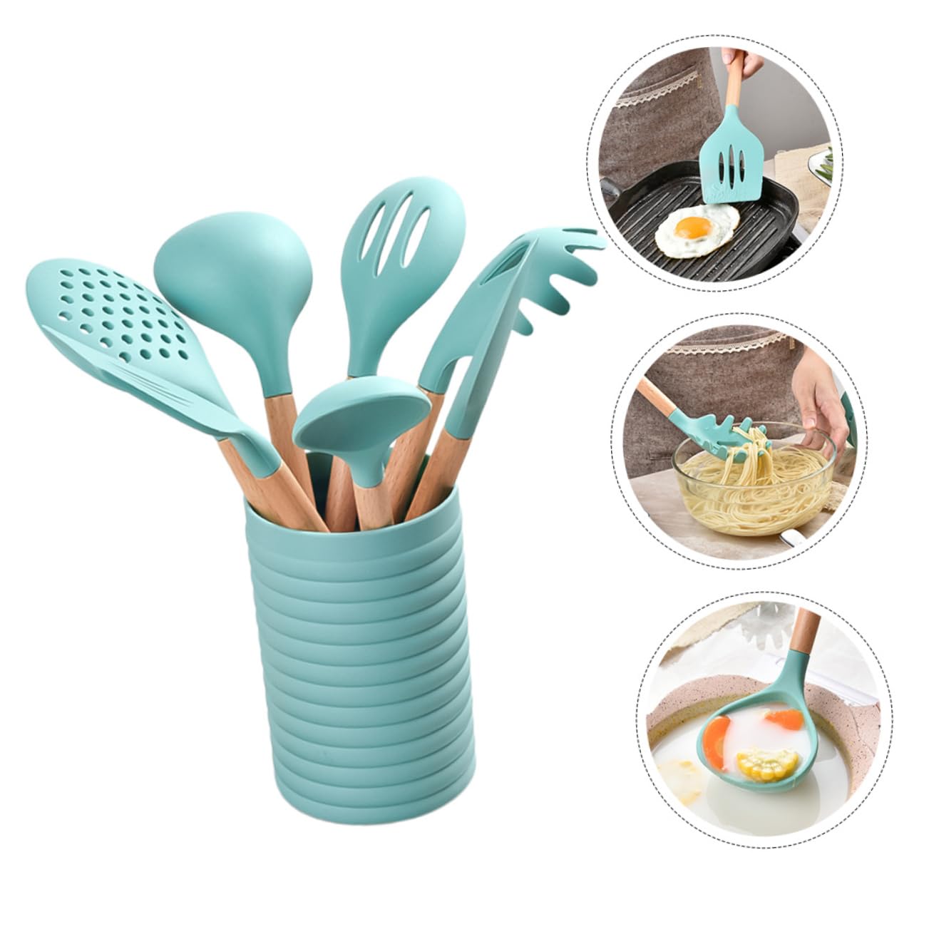 1satz Teiliges Küchenutensilien-Set Holzgriff Hitzebeständig Und Antihaftbeschichtet Für Sicheres Kochen Cyan Inkl Spatel Löffel Und Teigschaber