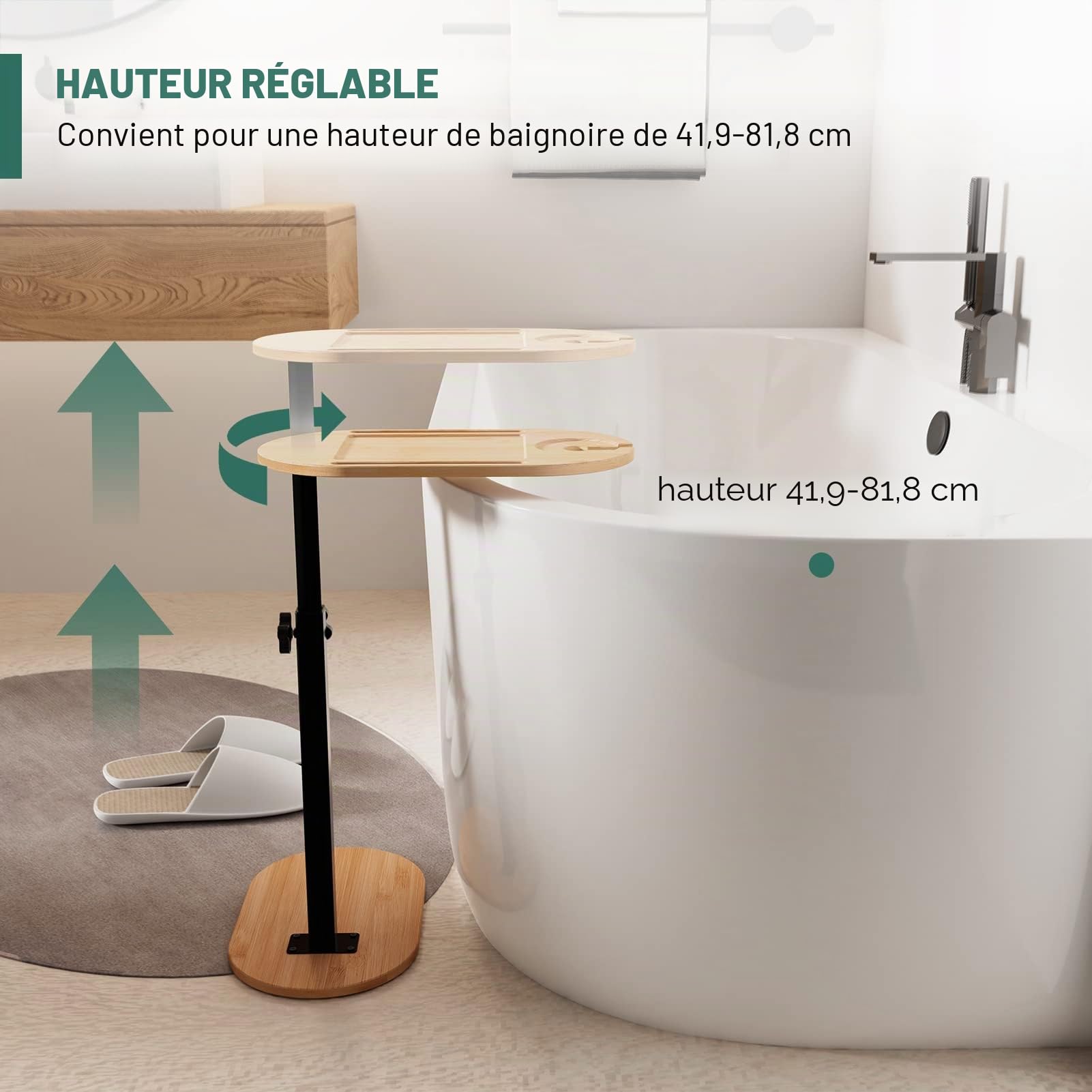 Yumkfoi Plateau de Baignoire en Bambou avec Hauteur réglable, Plateau autoportant pour Baignoire Contre Le Mur, Table d'appoint pour Baignoire de Luxe, Maison, Spa et Choix de Cadeau – Brevet protégé