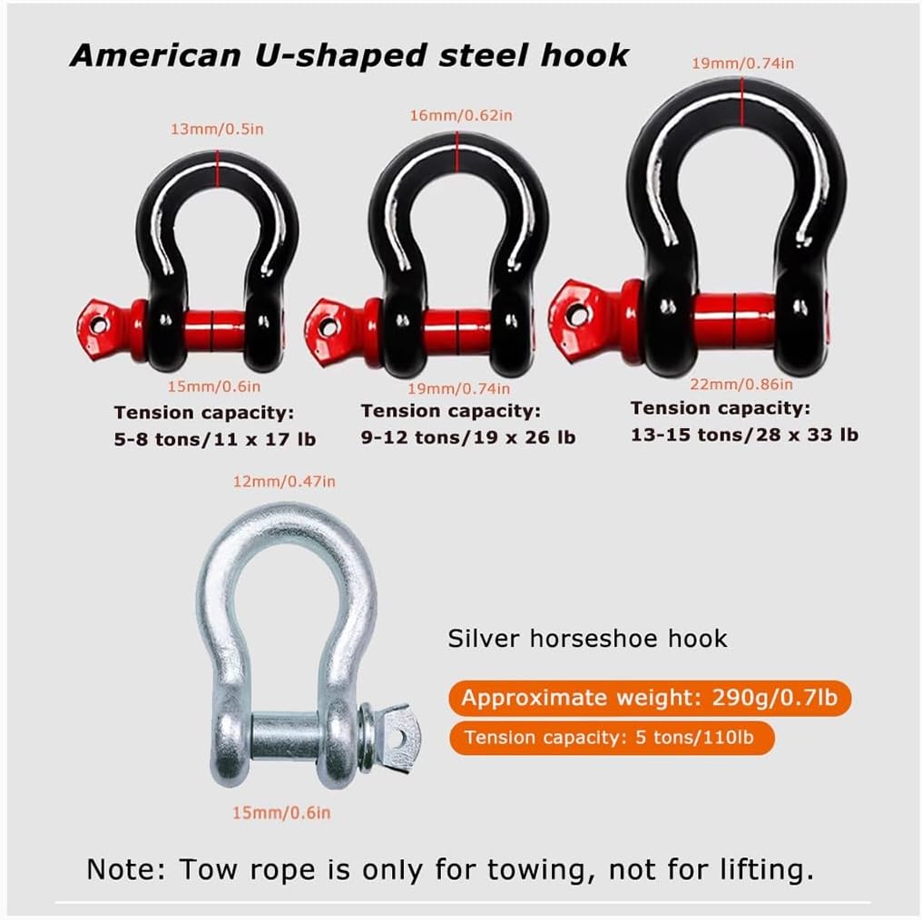 Tow Strap Heavy Duty with Hooks 1"×16ft (22,000Lbs) Recovery Strap with U-Ring Shackles (2pcs) Tow Rope for Car Truck SUV ATV 5m10tons(Gray1,3 m/3 tons)