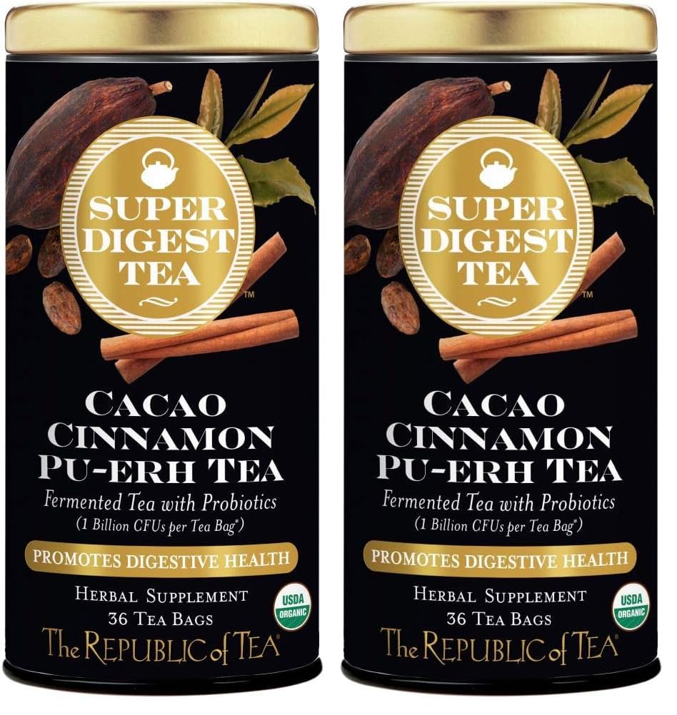 The Republic of Tea Organic Cacao Cinnamon Pu-erh SuperDigest Tea® | Probiotic Tea Bags (36 count) (Pack of 2)