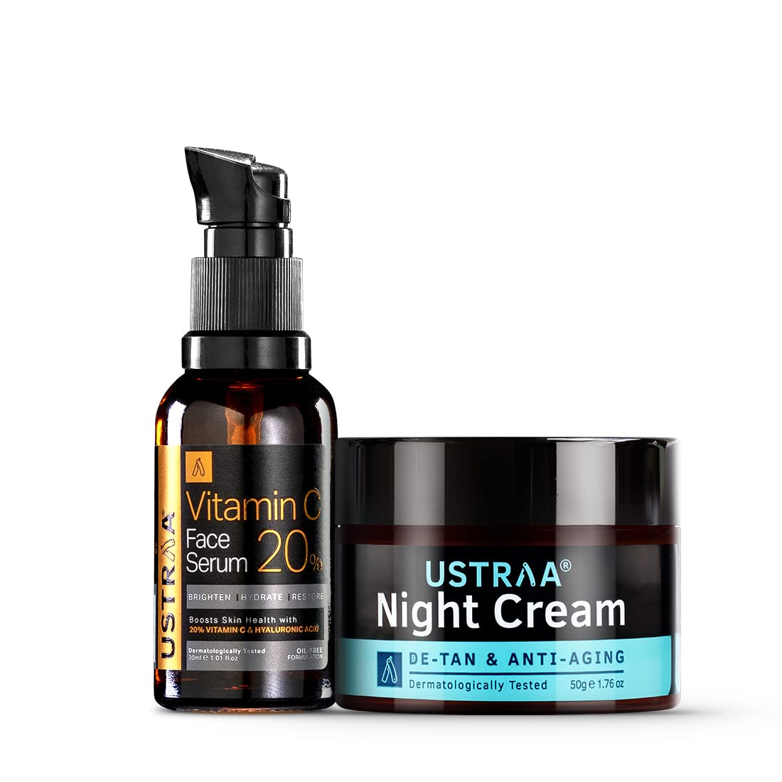 Ustraa Bright Skin Combo – 20% Vitamin C Face Serum with Hyaluronic acid 30ml & Night Cream with Niacinamide 50g, Dermatologically Tested For Skin…