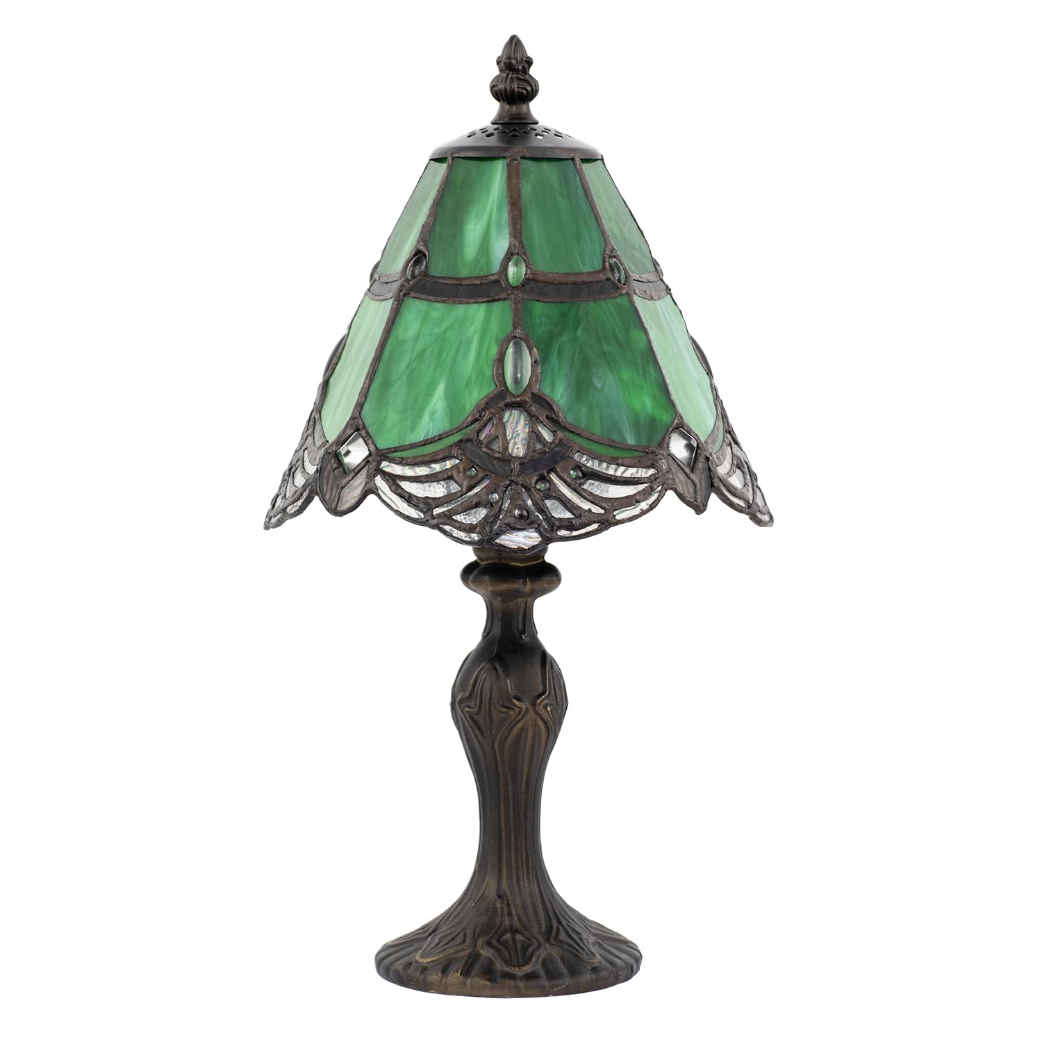 Happy Homewares Quirky and Petite Green Stained Glass Tiffany Table Lamp with Transparent Oval Beads | 35cm x 19cm | Ornate Bronze Base with Inline Switch