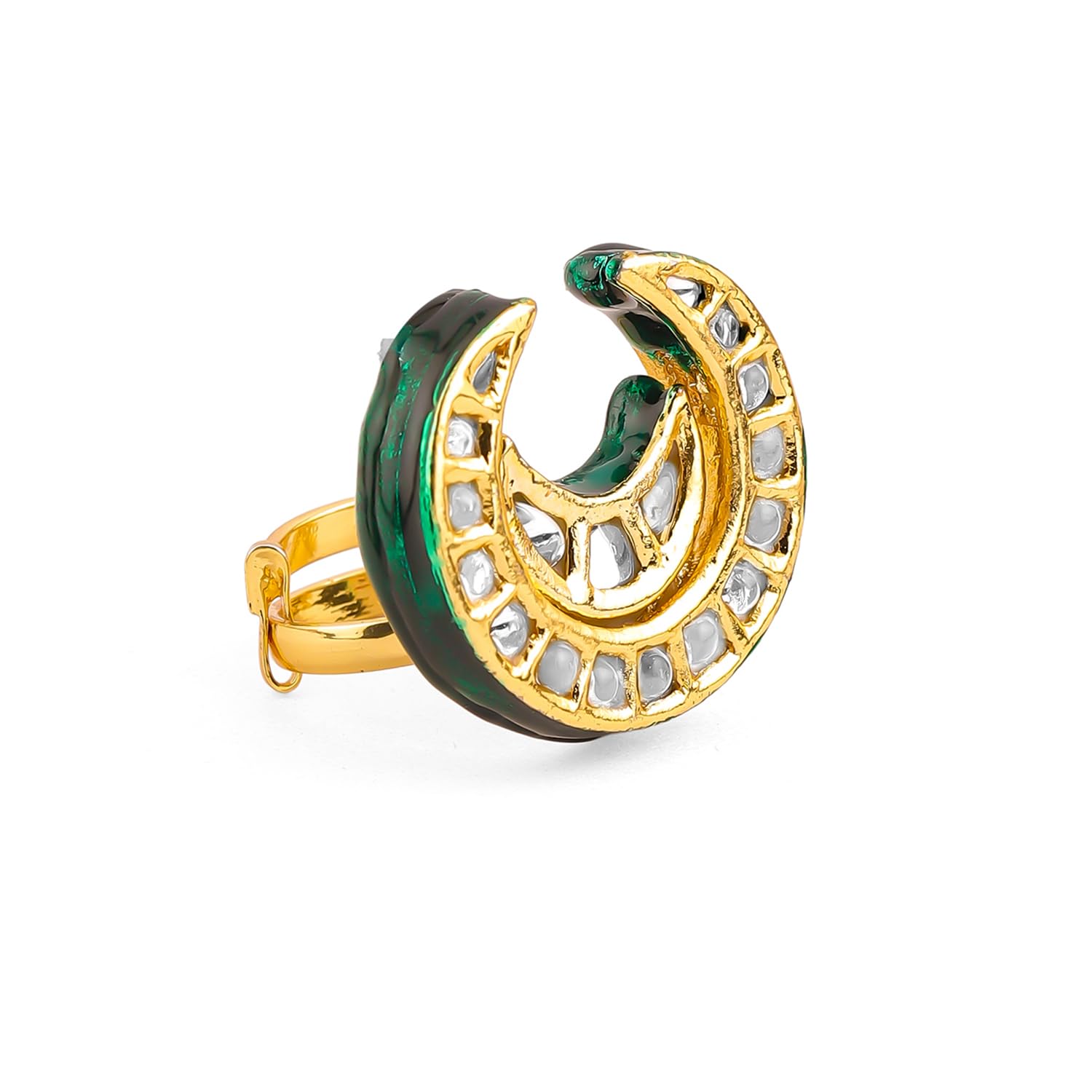 Gold Plated Kundan Crescent Moon Adjustable Ring with Green Enamel Traditional Festive Statement Jewellery Gift for Women & Girls-image-46