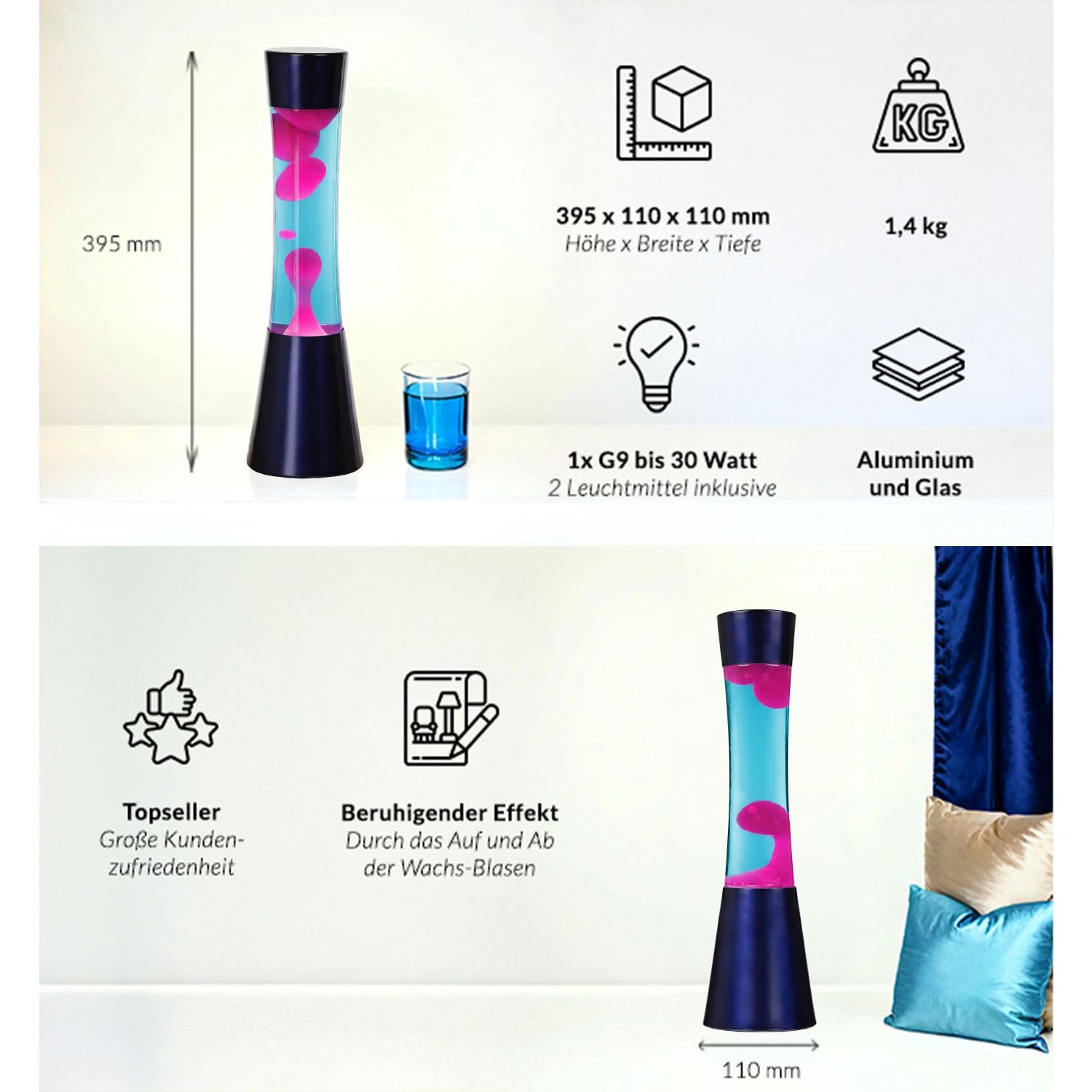 Licht-Erlebnisse Lavalampe Blau Pink, Dekolampe, Retro lampe, Geschenkidee Weihnachten, G9 30 W mit Kabelschalter, inklusive Leuchtmittel, beruhigend, Lavalampe groß