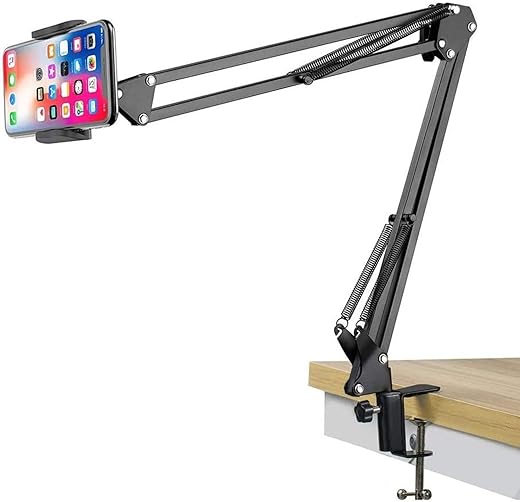Sounce Lightweight Tabletop Stand Phone Holder, Metal Long Lazy Arm and Bracket for All Mobile for Video Recording, Streaming Video, Office, Compatible Upto 4-7 Inches [Black]