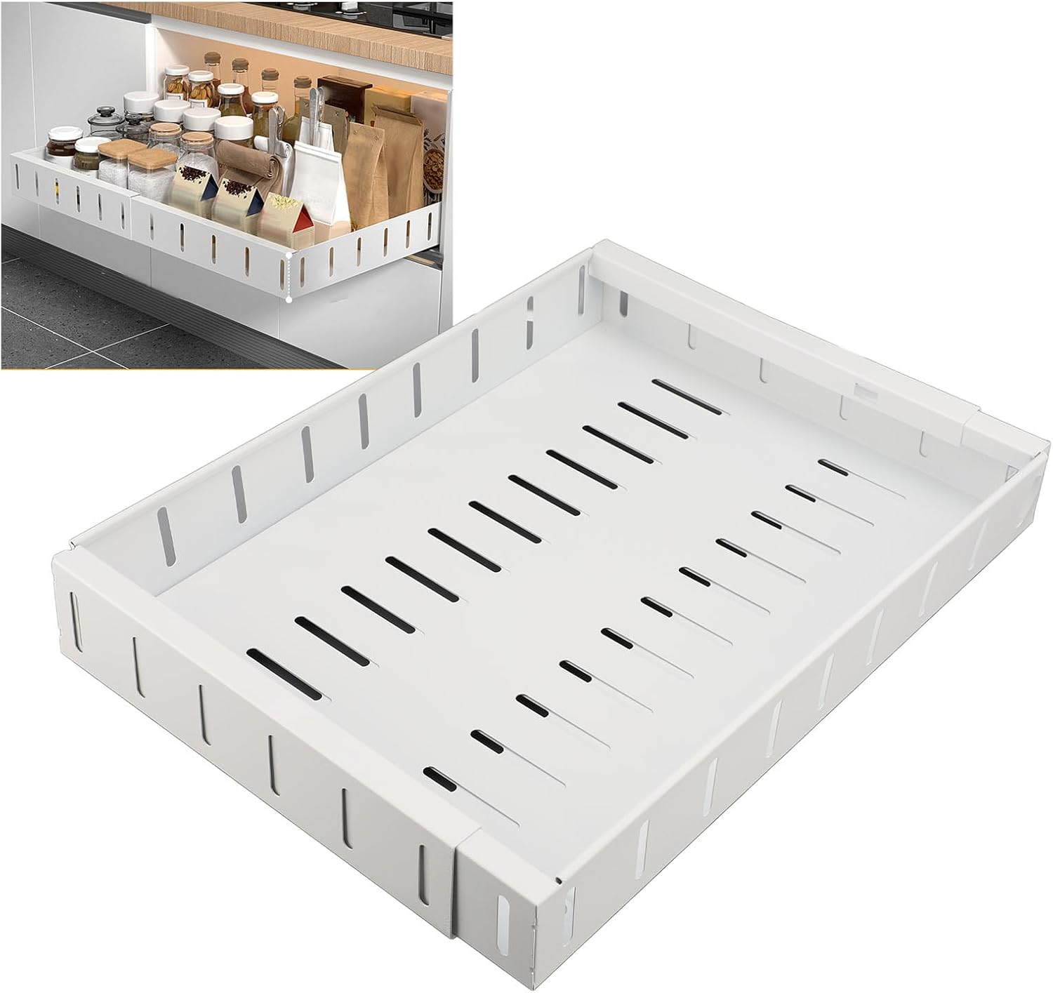 Pilipane Pull Out Cabinet Organizer Expandable Slide Out Drawer Heavy Duty Carbon Steel Adjustable Dividers for Kitchen Pantry Closet White 30 47cm 40cm 5.5cm