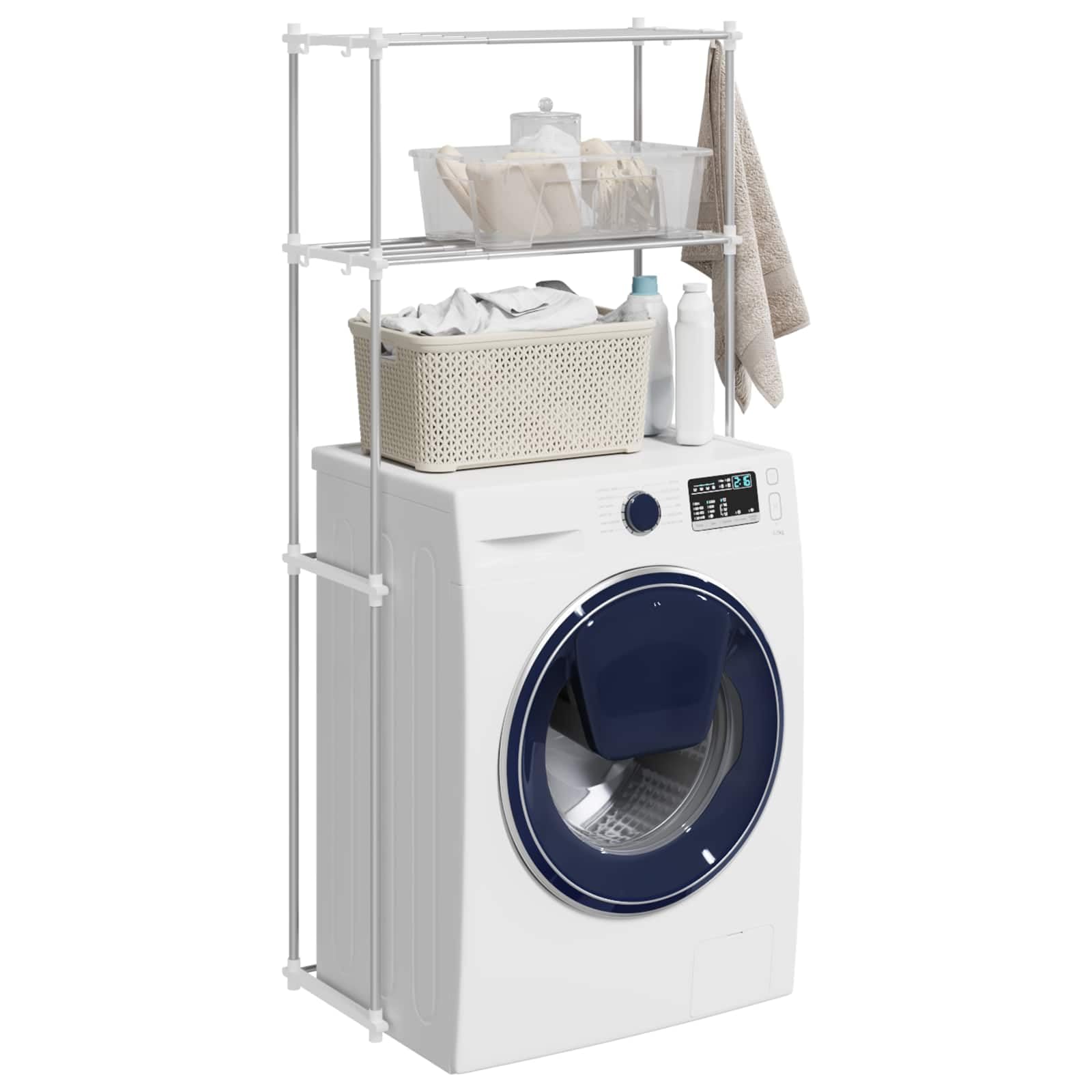 Waschmaschinenregal Weiß 70 x 27 x 136 cm Aluminium | Freistehend, Breite Verstellbar 50-70 cm, Rostfrei, Für Bad Und Waschraum