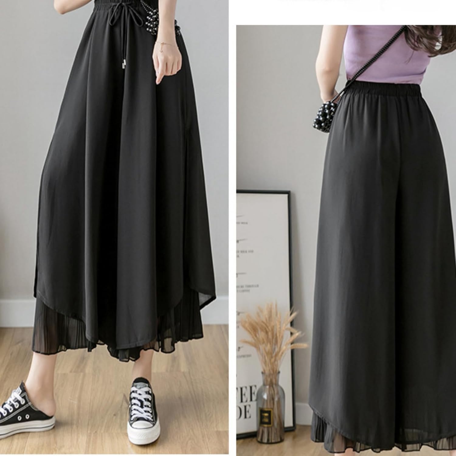 [MATSUMIZUYU] ワイドパンツ ガウチョパンツ レディース ゆったり ウエストリボン ウエストゴム 裏地あり レイヤード