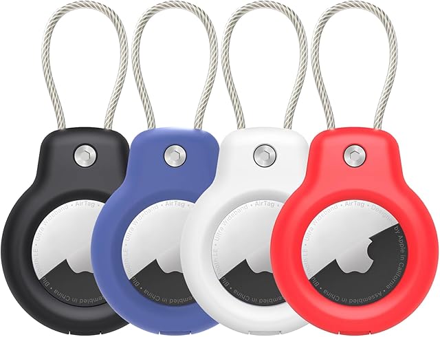 Compatible with Apple AirTag Secure Holder with Wire Cable, 4 Pack Air Tag Lock Case Keychain Key Ring Key Chain Luggage tag for Keys, Luggage & More Men Women's Keyrings & Keychains