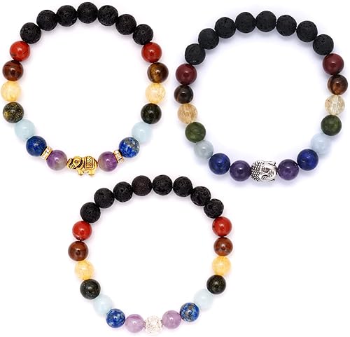 Miniatura 4 de BERGERLIN - Pulsera de 7 chakras con piedra natural genuina y perlas de piedra de lava - Pulsera Real Seven Chakra - Calidad Certificada
