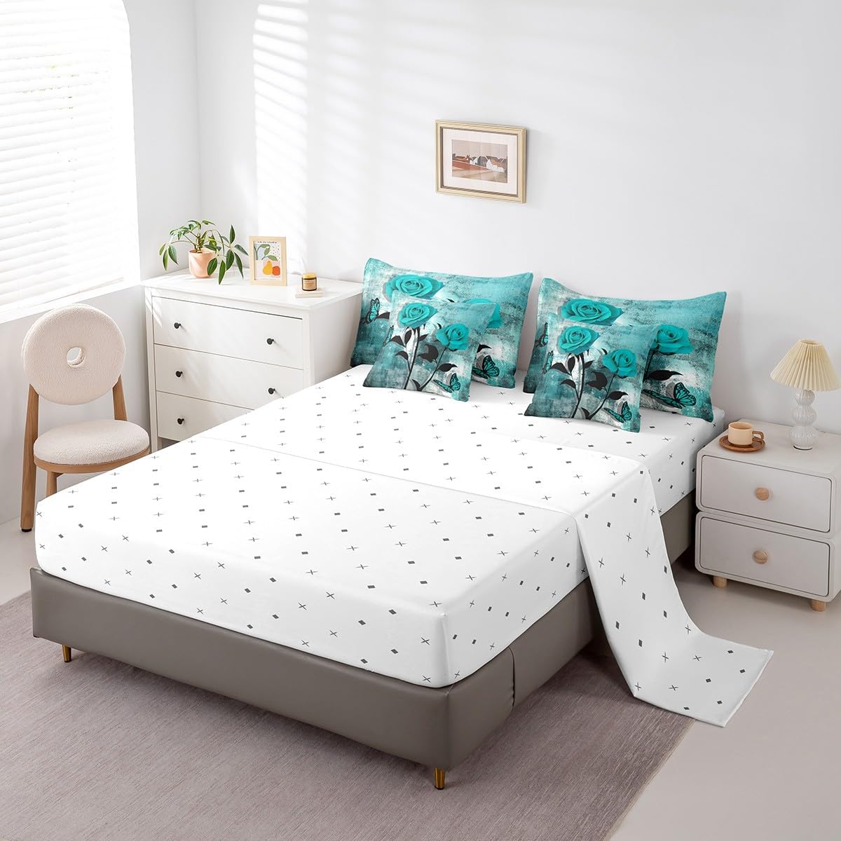 Erosebridal Bed in A Bag Teal Blue Comforter Set Queen,Turquoise Ombre Rose Bedding Set 7 Piece,Watercolor Contemporary Artwork Reversible Bed Set with Sheet Set,Bedroom Decor