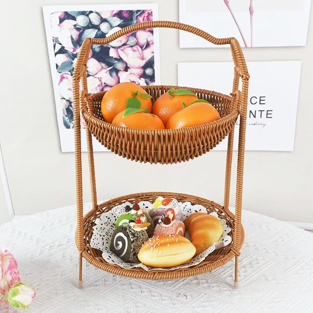 RT&BS 2 Tier Fruit Basket for Counter, Handwoven Desktop Display Basket, Fruit Bowl for Kitchen Counter (10.2 * 10.2 * 13.8'')