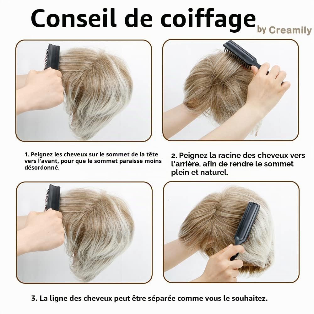 Creamily Perruques blondes courtes pour femme, coupe Pixie avec frange, cheveux synthétiques naturels lisses, perruque courte pour femme, perruque quotidienne, cosplay, fête, blond mélangé marron