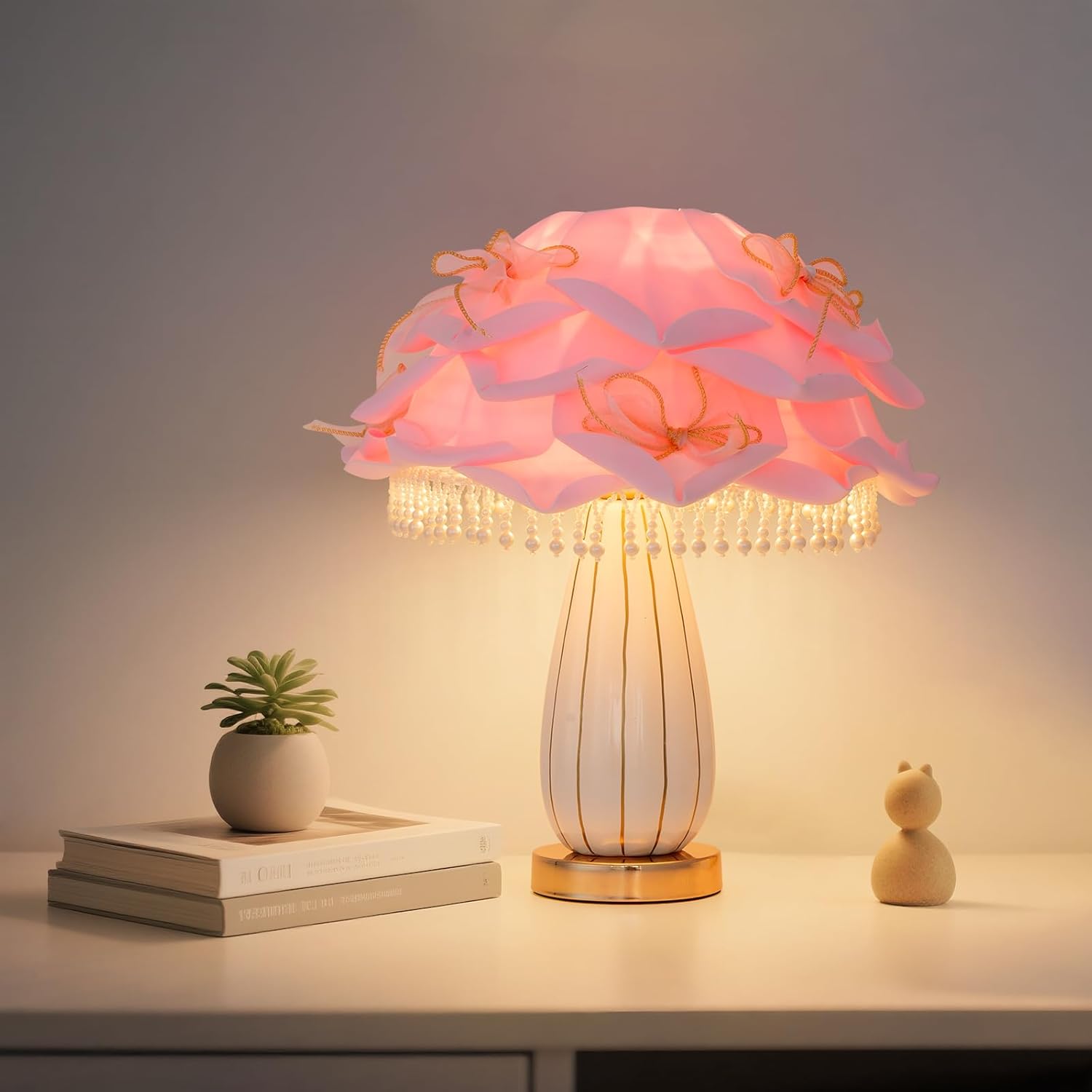 ZYLEISENBAO Pink Flower Lamp Romantic Bedside Lamp Cute Nightstand Light Nordic Bow Table Lamp for Bedroom Living Room Entry Office Study Room Kid Room Valentines Dating Wedding Chirstmas Deco