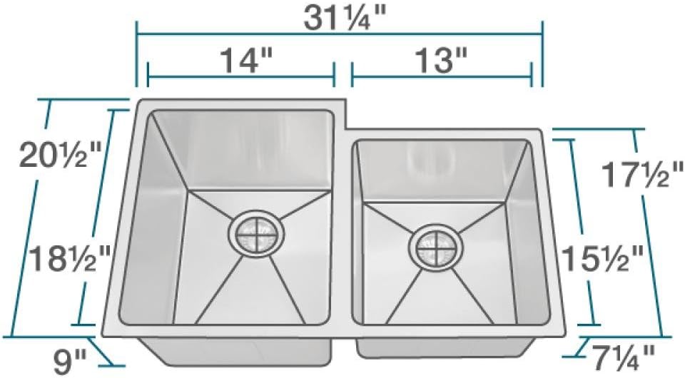 70% Off Everything MR Direct 3120L-16-ENS Stainless Steel Undermount 31-1/4 in. Double Bowl Kitchen Sink with Additional Accessories, 16 Gauge