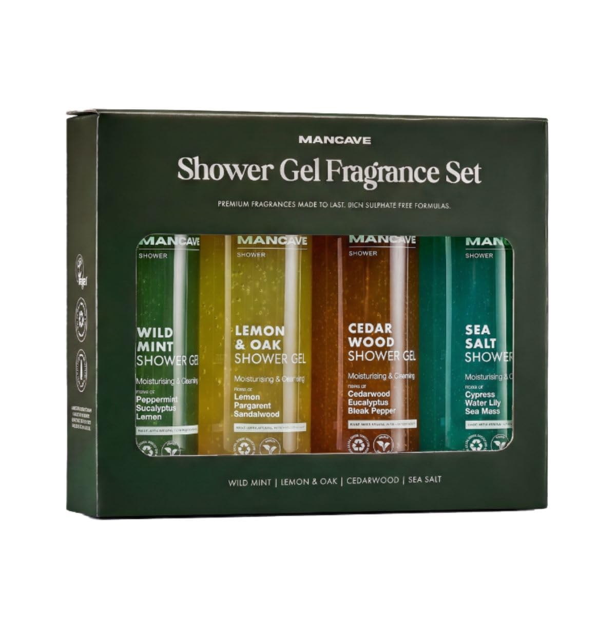 Mancave Men's Ultra-Premium Shower Gel Fragrance Gift Set, Featuring 4 x 500ml Natural Sulphate Free Shower Gels: Wild Mint, Lemon & Oak, Cedarwood and Sea Salt fragrances, Vegan Friendly