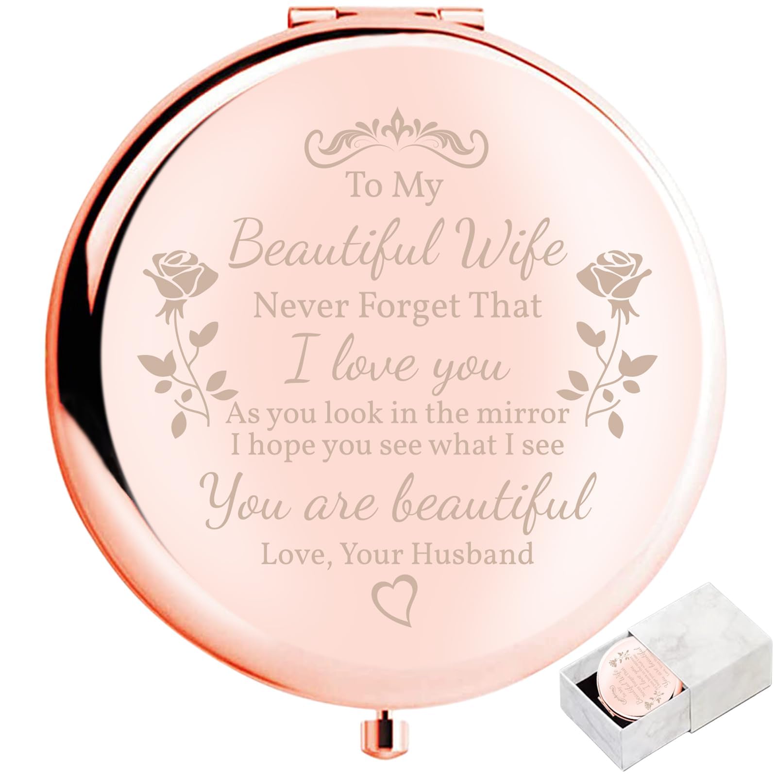 boutikpro Birthday Gifts for Wife Compact Mirror, Gorgeous to My Beautiful Wife Rose Gold Compact Mirror Unique Wife Gift Mirror for Christmas