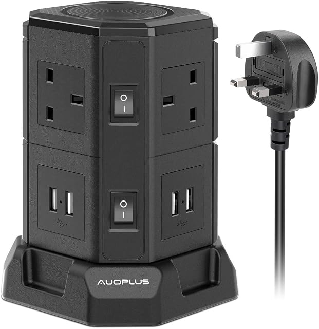 AUOPLUS Tower Extension Lead 3M, 6 Way Power Strips with 4 USB (4.5A), Multi Plug Extension Sockets, UK Mains Extension Plug for TV PC Laptops iPhones Tablets - Black