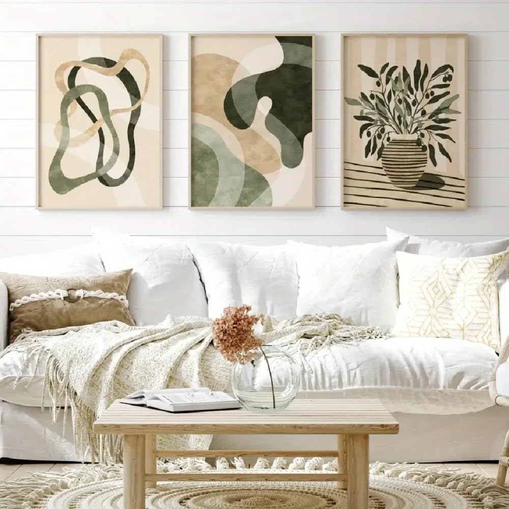 LTjiajuypd Canvas Painting Retro Poster,Modern Green And Beige Plant Abstract Minimalist Olive Leaf Potted(60x90cm-3Pcs)