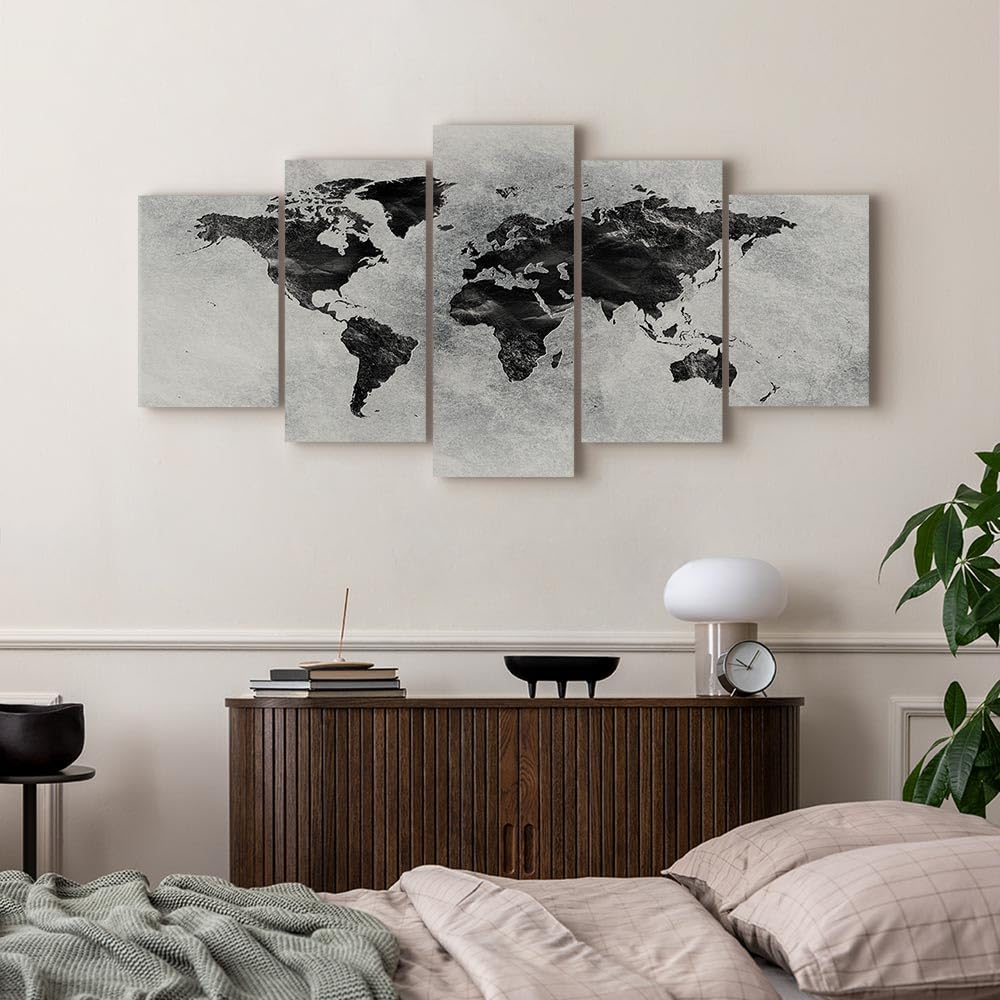 murando Cuadro en Lienzo Mapamundi 200x100 cm Impresión de 5 Piezas Material Tejido no Tejido Impresión Artística Imagen Gráfica Decoracion de Pared Gris k-A-0431-b-m