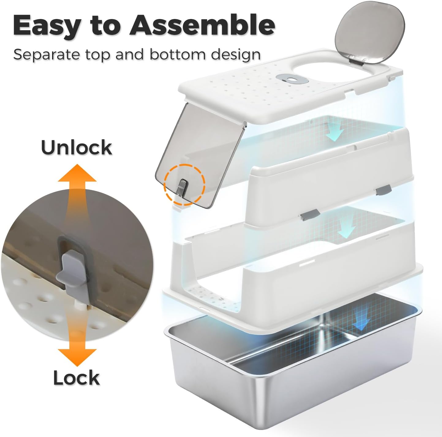 Stainless Steel Litter Box with Lid, XL Easy Clean Non-Sticky Metal Pan, High Sided Enclosed Box for Big Cats, Anti-Leakage, Includes Scoop (White)