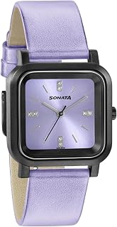 Sonata Plain 3 Hands Plastic Purple Square Dial Purple Colour Leather Strap Womens Watch - 87037PL03W