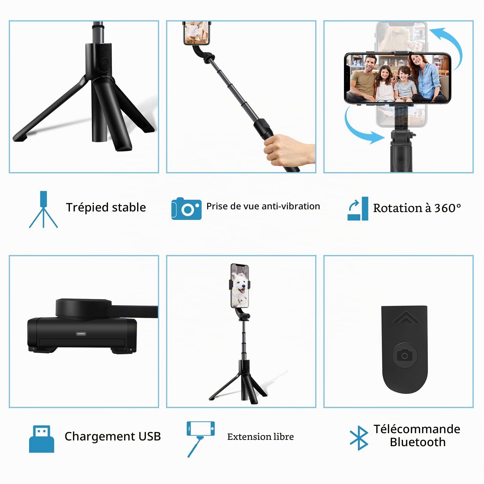 Stabilisateur de cardan pour Smartphone - 1 axe - avec télécommande Bluetooth - Stabilisateur 3-1 pour iPhone - pour Vlogging, Youtube, vidéo en Direct, TikTok, Compatible avec iPhone/Androi (XL)