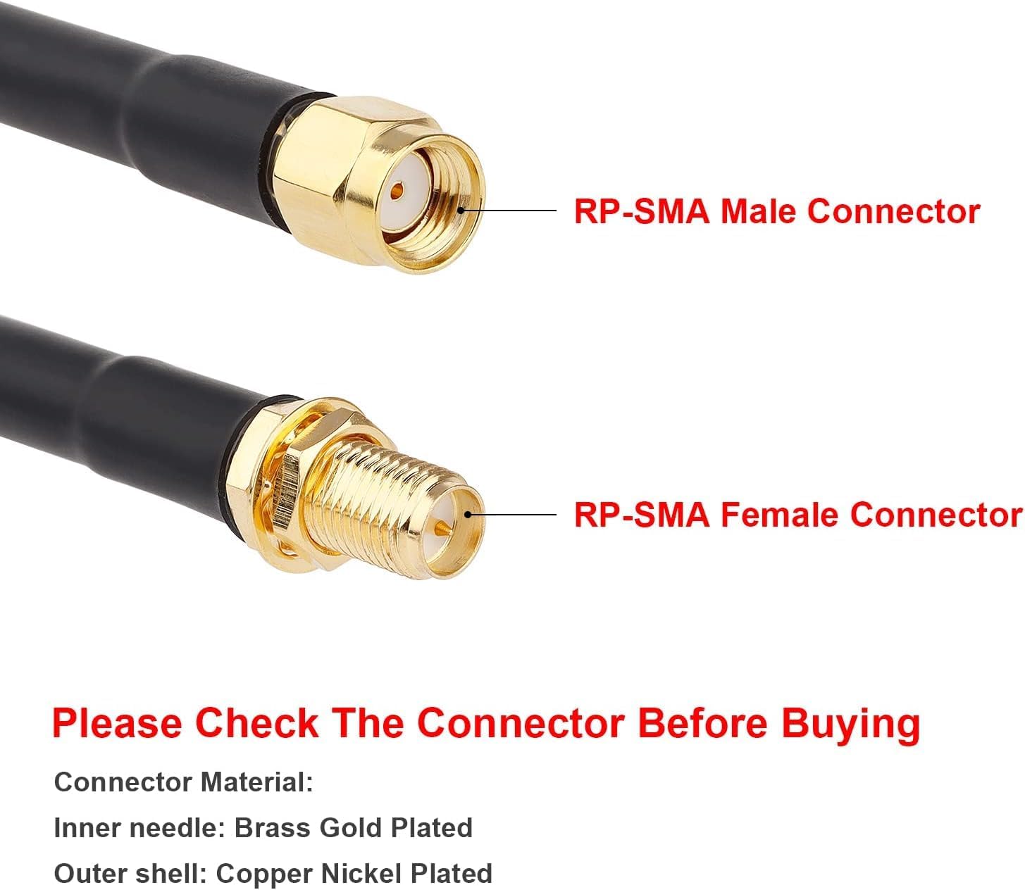 XRDS - RF RP-SMA Male to RP-SMA Female Coax Cable 150FT, RG58 WiFi Antenna Extension Coax Cable for WiFi LAN Router Wireless Network Card Adapter