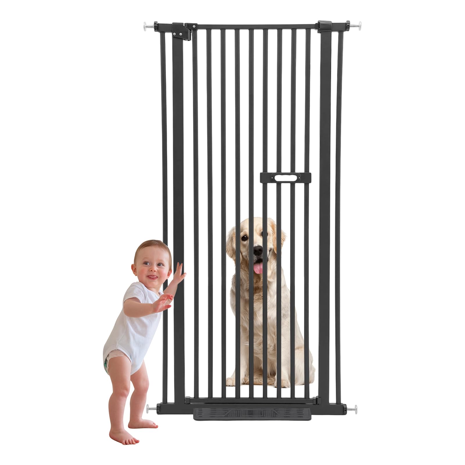 Schutztor Ausziehbar Haustiere Katzentiertor, 150cm Haustiergitter Extra Hoch mit Doppelverriegelung Katzentür&3.5cm Stababstand Ohne Bohren für Haustier Kleinen Haustieren Hunden (Schwarz)