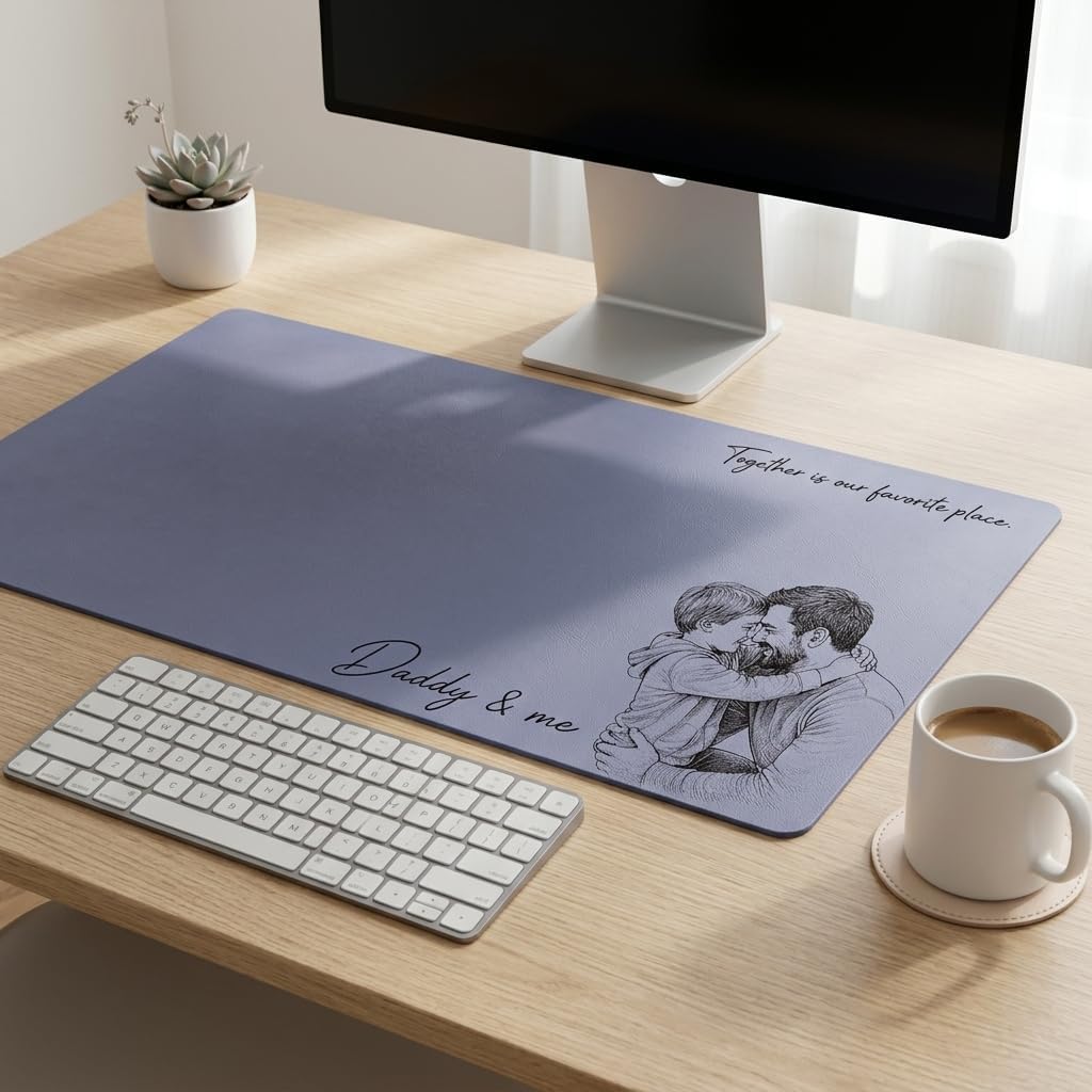 Personalized Desk Mat Custom Photo Mouse Pad for Dad, Daddy & Me Sketch Line Art Desk Pad, PU Leather Office Desks Protector, Father’s Day Gift Idea for Daddy