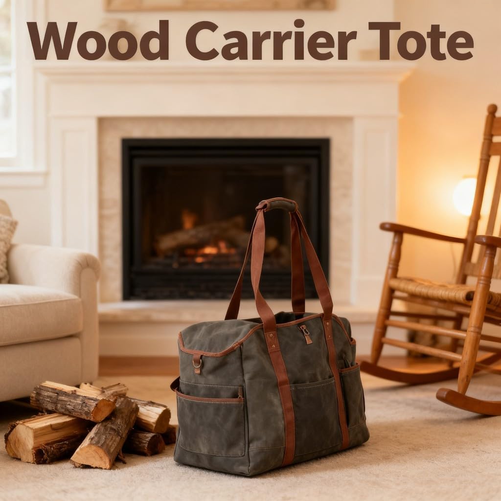 Waxed Canvas Log Carrier Tote Bag, Firewood Holder, 22.8x11.8x20 Inch Green - Heavy Duty Durable Material, Spacious Storage for Fireplace and Outdoor Use