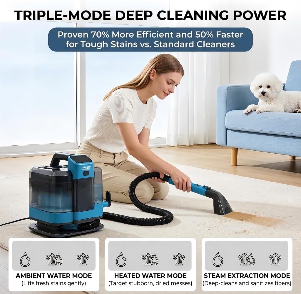 HAUSMEISTER Portable Carpet Spot Cleaner with Steam, 1600W Upholstery Cleaner Machine, 12KPa Strong Suction, Cold/Hot/Steam Modes, Self-Cleaning, for Couch, Car Seats & Rugs