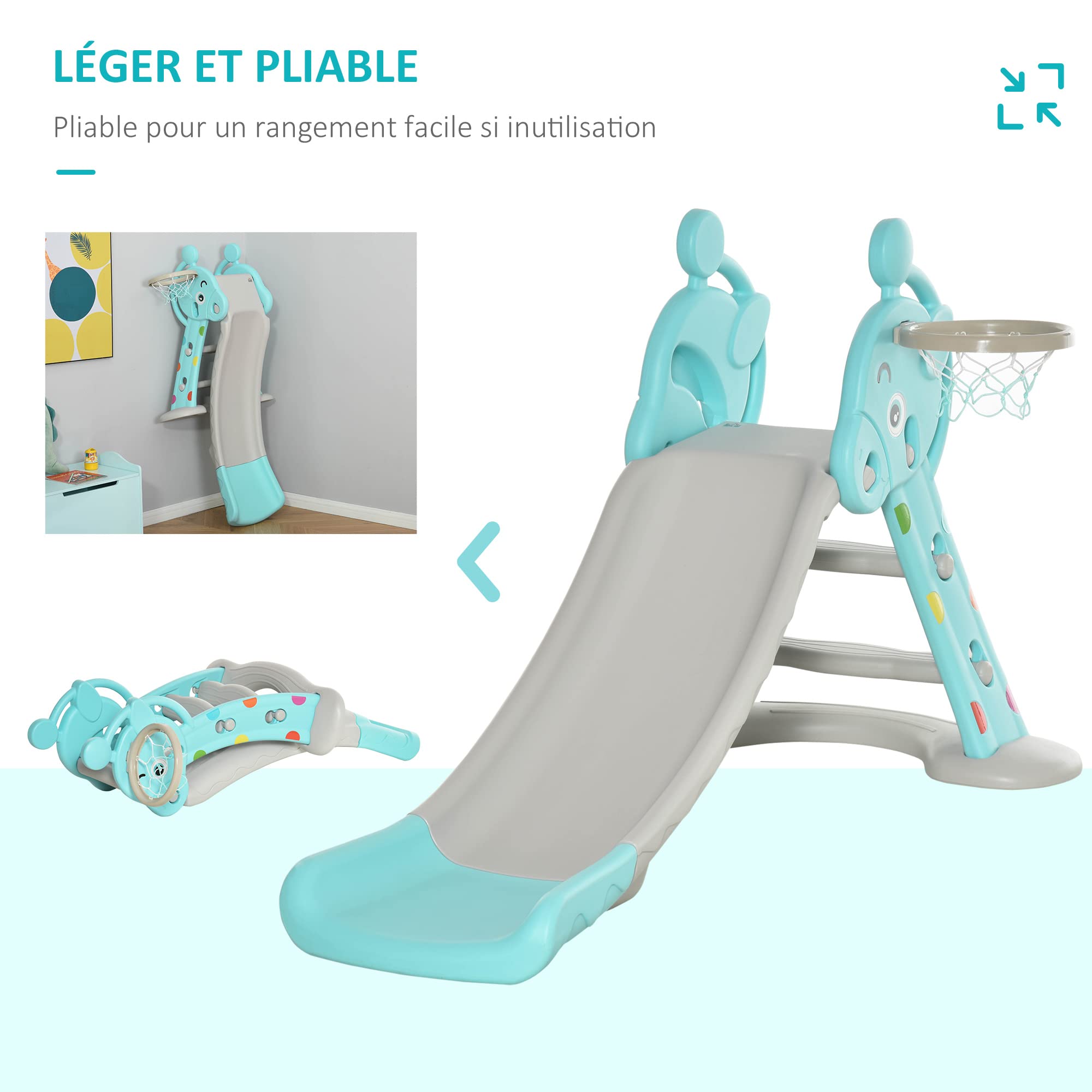 Toboggan Enfant Pliable - 120x50x56 Cm, HDPE Bleu, Intérieur/extérieur, Pour 3 à 6 Ans