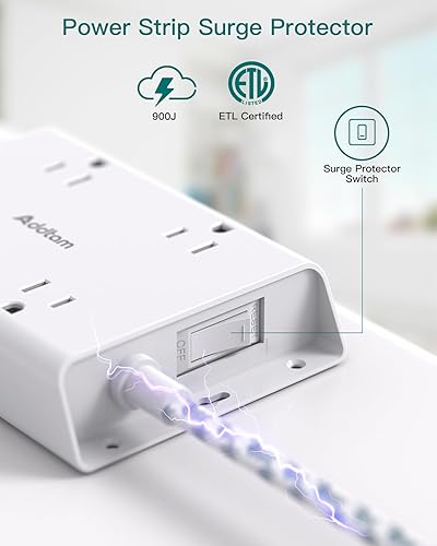 Miniatura 6 de Addtam - Regleta protectora de sobretensiones de 15 pies, cable de extensión de enchufe plano con 4 cargadores de pared USB (2 puertos USB C),