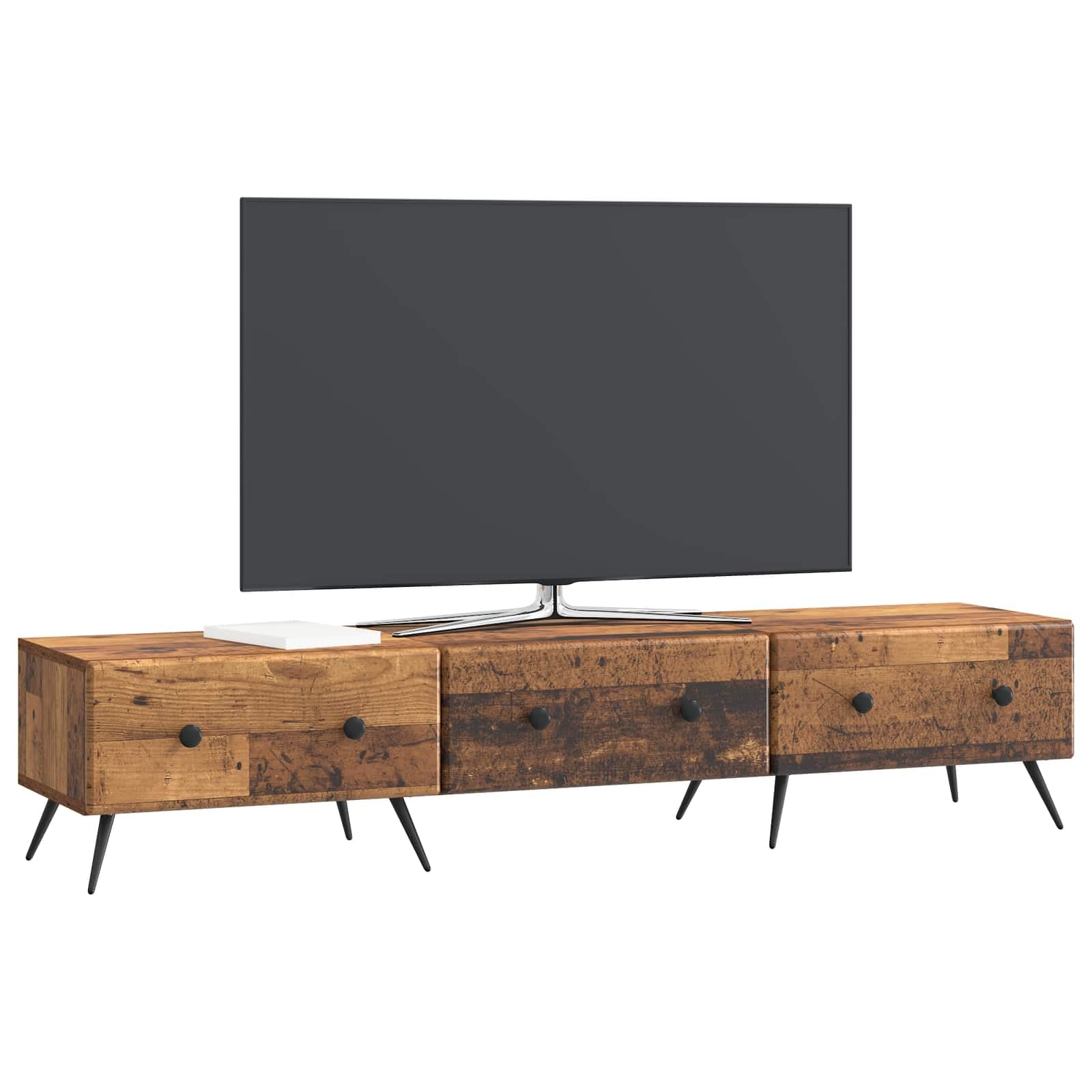 Mobile TV in legno anticato, 147 x 34,5 x 30 cm, moderno supporto TV con ripiani e cassetti, molto spazio per lettori multimediali e DVD, design compatto per piccoli appartamenti