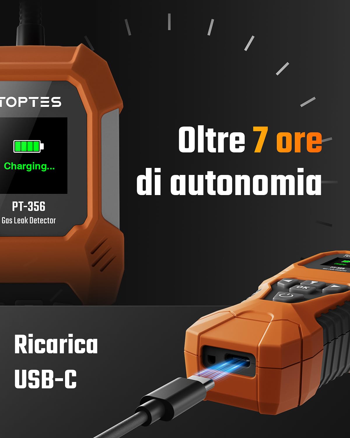 TopTes PT-356 Rilevatore di gas ricaricabile con sonda da 25 cm, campo 0-20% LEL, triplo sistema di allarme, Rilevatore Perdite di Gas con doppia modalità di visualizzazione per metano e butano