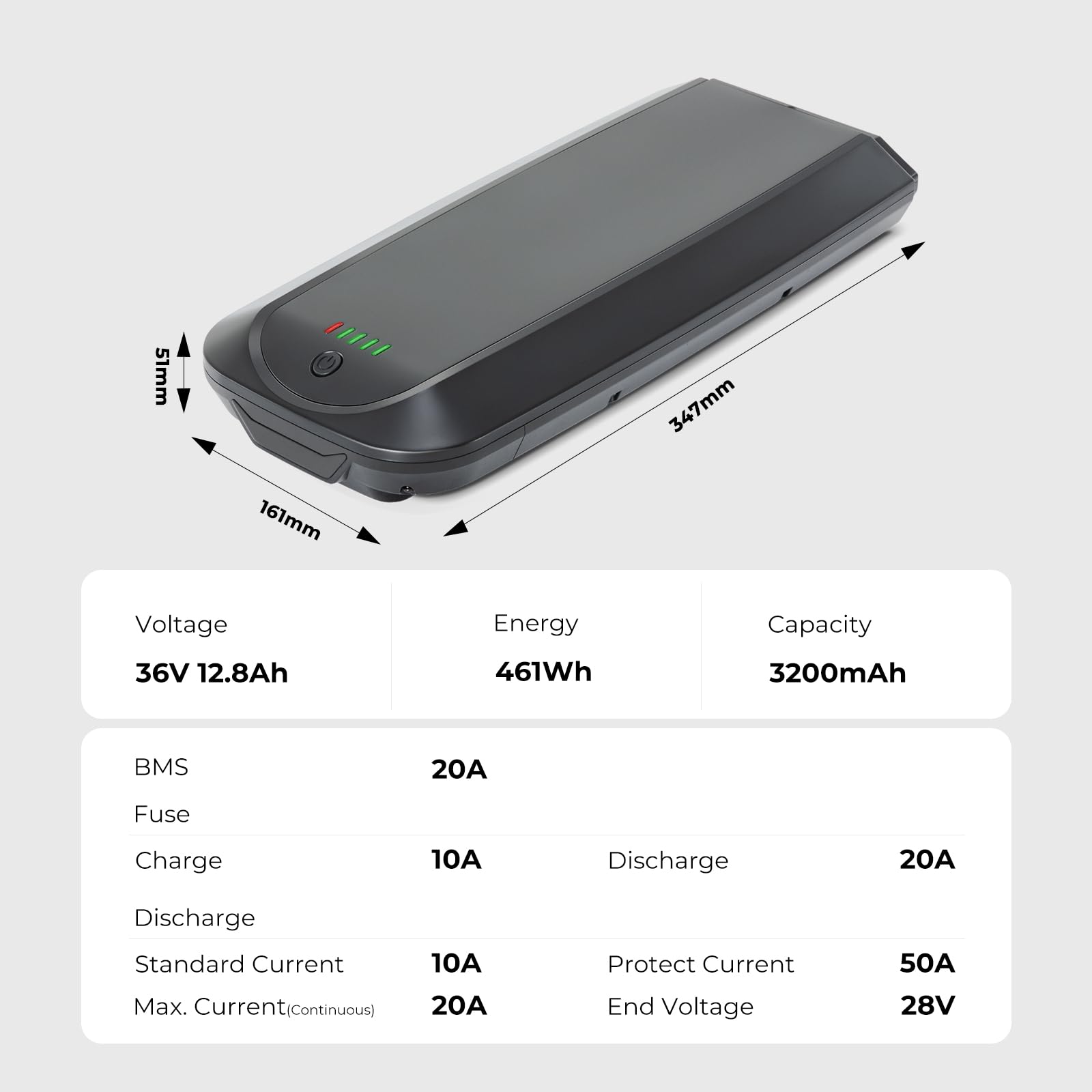 Batterie Vélo Électrique YJ145 36V 12.8Ah avec 20A BMS pour Porte-Bagages | Pour Moteur 36V 50W-800W Compatible Telefunken, Zündapp, Chrisson Vélo Électrique