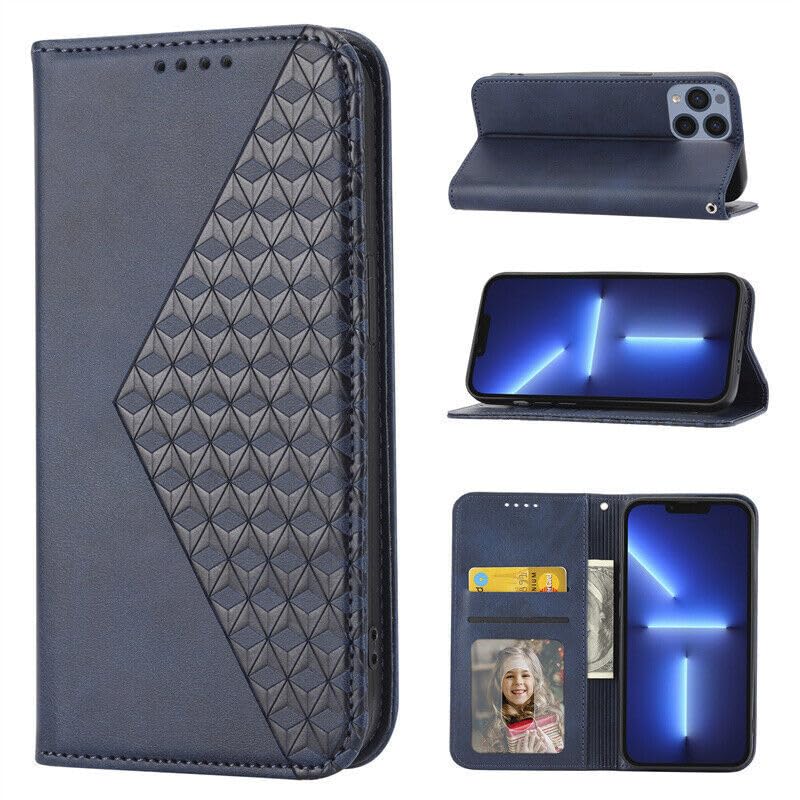 Étui portefeuille en cuir bleu pour iPhone 14 Plus avec clapet magnétique