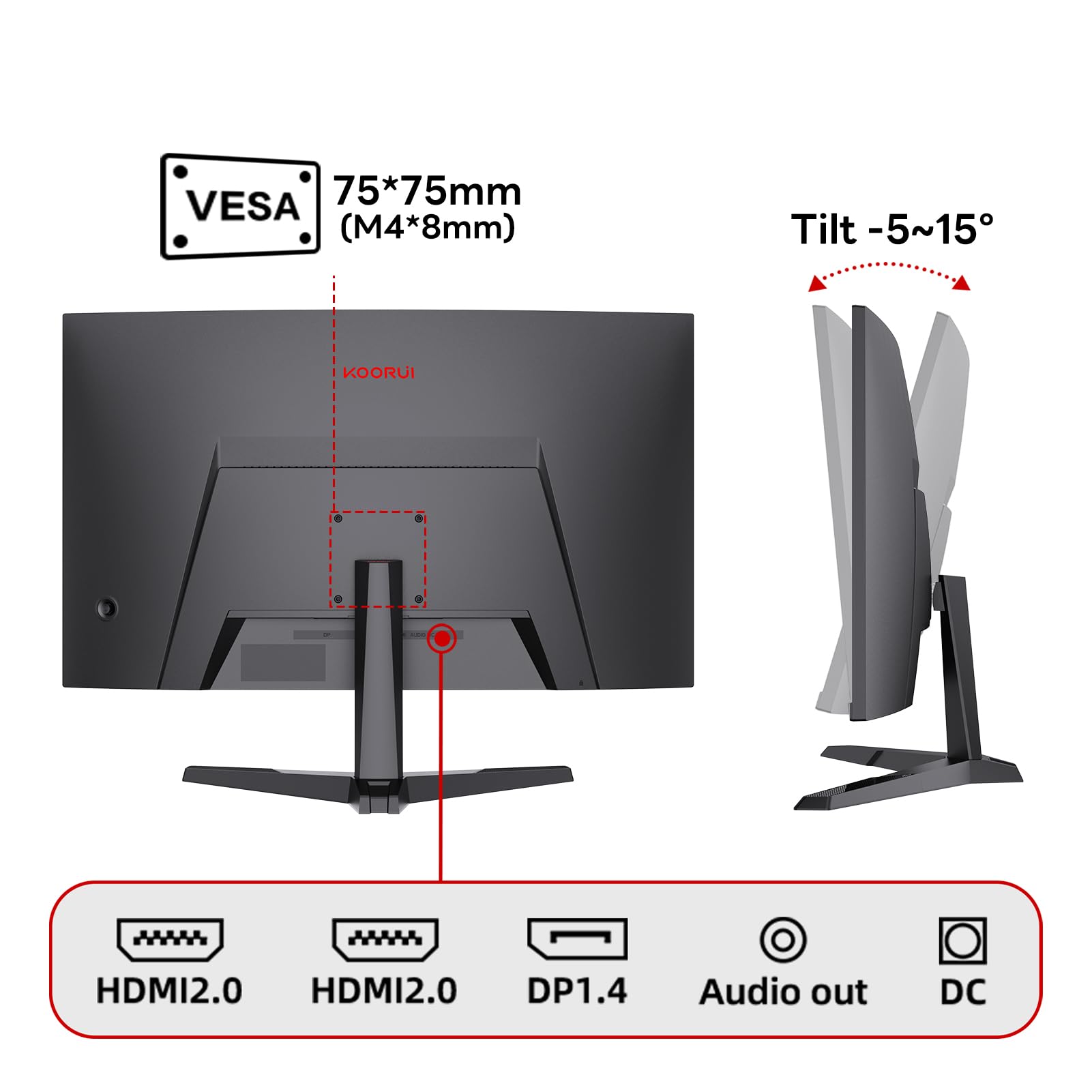 KOORUI 27 Inch QHD Gaming Monitor, 180Hz 1ms Curved VA Panel (1500R), Monitor with Adaptive-Sync, 1440p PC Screen, HDMI/DP, VESA Compatible, Tilt Adjustable, Eye Care — view 6